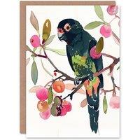 Artery8 Greeting Card Parrot Perched on Fruit Tree Branch Watercolour Birthday in Green