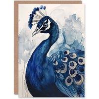 Artery8 Greeting Card Elegant Blue Peafowl Peacock Bird Watercolour Birthday