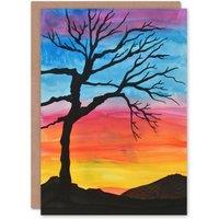 Artery8 Greeting Card Tree Silhouette Against Rainbow Sky Watercolour Birthday