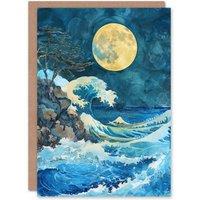 Artery8 Greeting Card Great Wave Seascape Under a Full Moon Watercolour in Blue