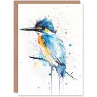 Artery8 Kingfisher Bird Bright Abstract Watercolour Birthday Card in Blue