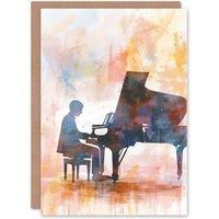 Artery8 Pianist Musician Playing Grand Piano Watercolour Birthday Card in Orange