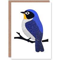 Wee Blue Coo Bluebird Bird on Tree Branch Fun Xmas Art Blank For All Christmas Card in Blue