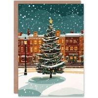 Wee Blue Coo Decorated Tree Town Square Snowy Night Xmas Art Blank Christmas Card