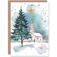 Wee Blue Coo Russian Village Church Tree Festive Fun Xmas Art Blank Christmas Card