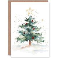Wee Blue Coo Decorated Tree Large Star Festive Fun Xmas Art Blank Christmas Card in Green