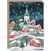 Wee Blue Coo Festive Hill Town Winter Trees Festive Xmas Art Blank Christmas Card in Dark Blue