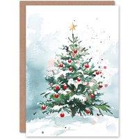 Wee Blue Coo Winter Snow Laden Decorated Tree Festive Xmas Art Blank Christmas Card in Green