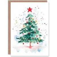 Wee Blue Coo Decorated Tree Red Star Light Festive Xmas Art Blank Christmas Card in Green