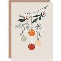 Wee Blue Coo Red Berry Mistletoe Baubles Simple Graphic Xmas Blank Christmas Card in Light Grey