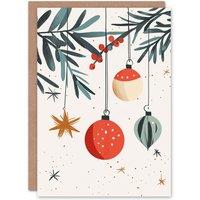 Wee Blue Coo Baubles & Red Berry Mistletoe Fun Xmas Art Blank Christmas Card in Green
