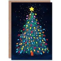Wee Blue Coo Tree Decorated Colourful Baubles Fun Xmas Art Blank Christmas Card in Dark Navy