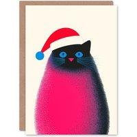 Wee Blue Coo Fluffy Pet Wearing Santa Hat Cat Lover Xmas Art Blank Christmas Card in Pink