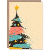 Wee Blue Coo Tree Pink Blue Yellow Mid Century Modern Xmas Art Blank Christmas Card in Beige