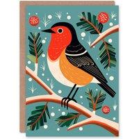 Wee Blue Coo Robin Bird Tree Bauble Modern Folk Art Xmas Art Blank Christmas Card in Blue