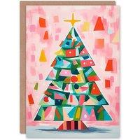 Wee Blue Coo Colourful Abstract Geometric Tree Painting Xmas Blank Christmas Card in Pink