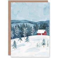 Wee Blue Coo Cabin In Winter Snow Forest Landscape Xmas Art Blank Christmas Card in Blue
