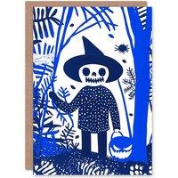 Wee Blue Coo Spooky Scarecrow Pumpkin Face Trick or Treat Scary Halloween Card in Blue