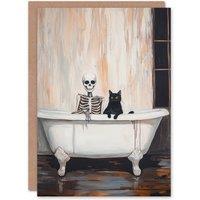 Wee Blue Coo Fun Funny Black Cat & Skeleton Trick or Treat Scary Halloween Card in Off-White