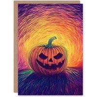 Wee Blue Coo Evil Fun Carved Pumpkin Face Trick or Treat Scary Halloween Card in Orange