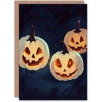 Wee Blue Coo Lit Carved Pumpkin Jack o Lanterns Trick or Treat Scary Halloween Card in Orange