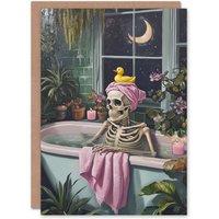 Wee Blue Coo Fun Funny Skeleton Bath Time Duck Trick or Treat Scary Halloween Card in Pink