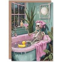 Wee Blue Coo Skeleton Bath Time Cocktail Fun Funny Trick or Treat Halloween Card in Pink