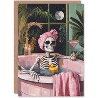 Wee Blue Coo Fun Funny Skeleton Bath Time Moon Trick or Treat Scary Halloween Card in Pink