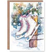 Artery8 Hanging Ice Skates Winter Snow Christmas Fun Gift Festive Xmas Card in White