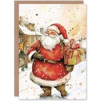 Artery8 Jolly Santa Claus With Present Christmas Fun Gift Festive Xmas Card in Red