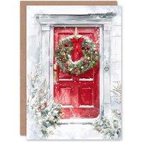 Artery8 Snow Covered Bauble Wreath Red Door Christmas Fun Festive Xmas Card