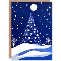 Wee Blue Coo Winter Wonderland Tree Snow Full Moon Night Xmas Christmas Card in Blue