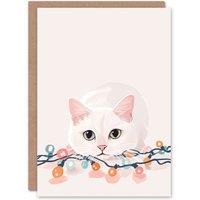 Wee Blue Coo Playful Kitten with Fairy String Lights Cat Lover Xmas Christmas Card in Off-White