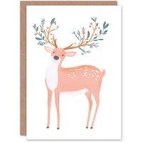 Wee Blue Coo Cute Deer with Decorated Antlers Watercolour Xmas Christmas Card in White