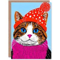 Wee Blue Coo Tabby Red Winter Hat Pink Scarf Ginger Cat Lover Xmas Christmas Card