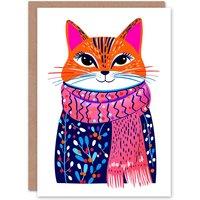 Wee Blue Coo Tabby Winter Floral Jumper Pink Scarf Cat Lover Xmas Christmas Card