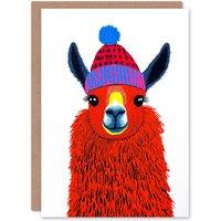 Wee Blue Coo Cute Llama With Winter Hat Bright Vibrant Pop Art Xmas Christmas Card in Red