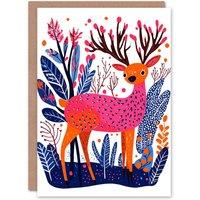 Wee Blue Coo Reindeer Forest Orange Pink Blue Vibrant Folk Art Xmas Christmas Card
