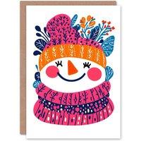 Wee Blue Coo Cute Smiling Snowman Pink Orange Modern Folk Art Xmas Christmas Card