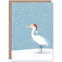 Wee Blue Coo White Heron in Winter Snow Wearing Santa Hat Xmas Christmas Card in Blue