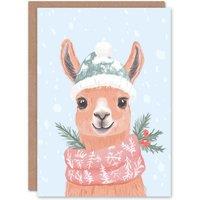 Wee Blue Coo Cute Llama Snow Ball Hat Winter Scarf Fun Modern Xmas Christmas Card in Light Blue