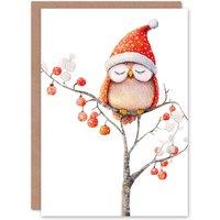 Wee Blue Coo Cute Santa Hat Owl On Winter Tree With Baubles Xmas Christmas Card in Red