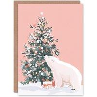 Wee Blue Coo Polar Bear Decorates Tree Presents Winter Snow Xmas Christmas Card in Light Pink
