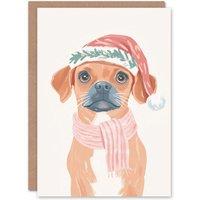 Wee Blue Coo Cute Puppy Santa Hat Winter Scarf Boxer Dog Lover Xmas Christmas Card in Light Brown