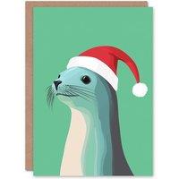 Wee Blue Coo Cute Seal In Santa Hat Red Green Festive Animal Xmas Christmas Card