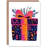 Wee Blue Coo Wrapped Present Vibrant Abstract Floral Pattern Xmas Christmas Card in Orange