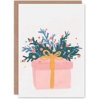 Wee Blue Coo Wrapped Present Pine Berry Sprig Pastel Colour Xmas Christmas Card in Light Pink