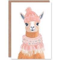 Wee Blue Coo Cute Llama With Pink Winter Hat & Scarf Festive Xmas Christmas Card in Light Pink