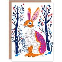 Wee Blue Coo Hare Rabbit in Winter Landscape Modern Folk Art Xmas Christmas Card in White