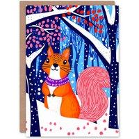 Wee Blue Coo Cute Red Squirrel in Winter Forest Landscape Snow Xmas Christmas Card in Blue